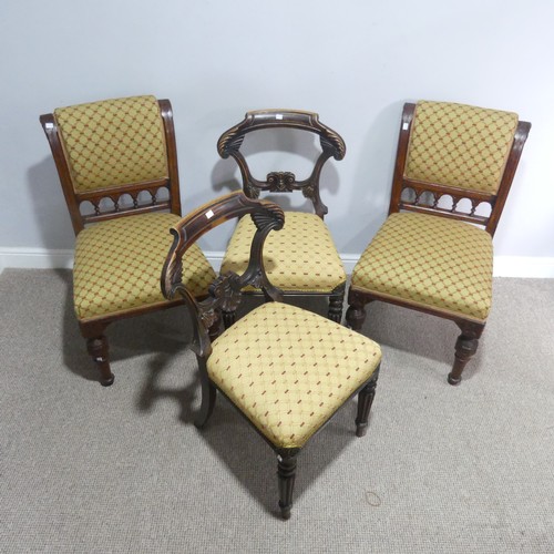 664 - A pair of Victorian mahogany upholstered Chairs, W 51 cm x H 91 cm x D 61 cm, together with another ... 