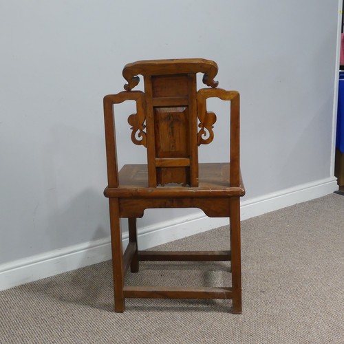 126 - A 20th century carved Chinese hall Chair, scrollwork back with centre panel carved with figure and f... 