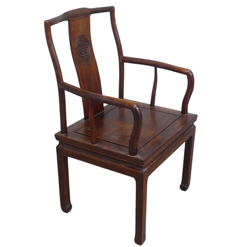 129 - A 20th century Chinese hardwood open Armchair, raised on tapering supports, W 56 cm x H 96 cm x D 46... 