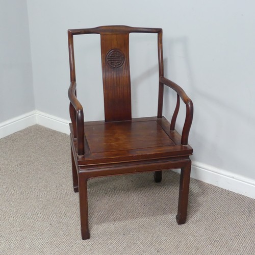 129 - A 20th century Chinese hardwood open Armchair, raised on tapering supports, W 56 cm x H 96 cm x D 46... 