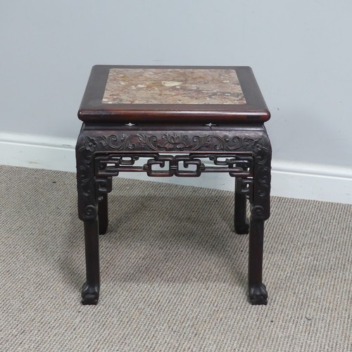 131 - A small Chinese carved hardwood and pink marble Plant Stand, circa 1900, moulded top above foliate c... 