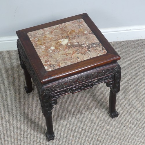 131 - A small Chinese carved hardwood and pink marble Plant Stand, circa 1900, moulded top above foliate c... 