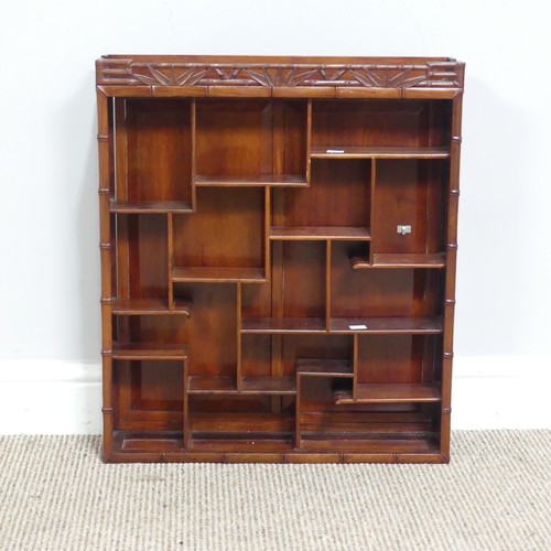 137 - A Chinese hardwood snuff bottle display wall Cabinet, with asymmetrical shelves and bamboo style edg... 