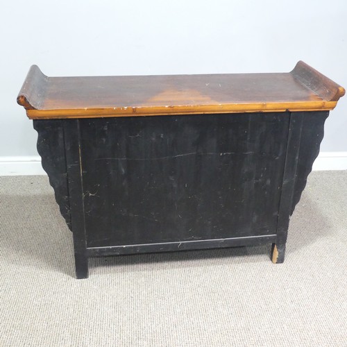 139 - A Chinese stained softwood altar Table, scrolled top above two cupboard doors flanked by small squar... 