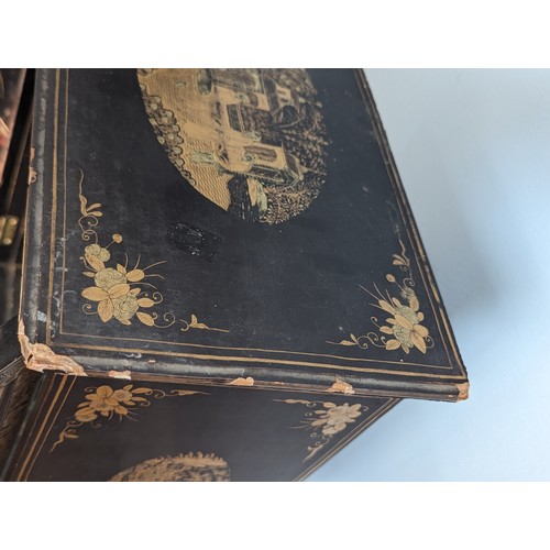 125 - A 19th century hand painted gilt and black lacquer chinoiserie jewellery Cabinet, of small proportio... 