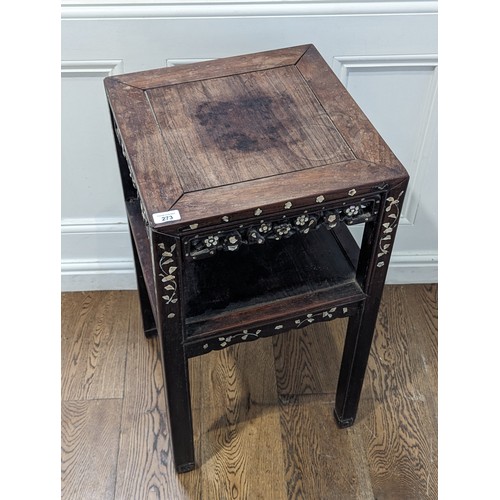 146 - An antique Chinese hardwood and mother of pearl inlaid two-tiered side Table, square top above carve... 