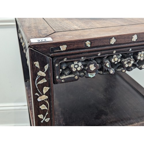 146 - An antique Chinese hardwood and mother of pearl inlaid two-tiered side Table, square top above carve... 