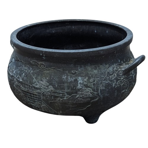 147 - A large antique Japanese bronze Censer, of large proportions, with embossed scenes and flora, raised... 