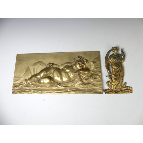 521 - A 19thC Gilt bronze plaque/panel Italian, depicting in relief a recumbent Putti, set against a circu... 