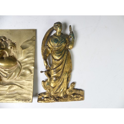 521 - A 19thC Gilt bronze plaque/panel Italian, depicting in relief a recumbent Putti, set against a circu... 