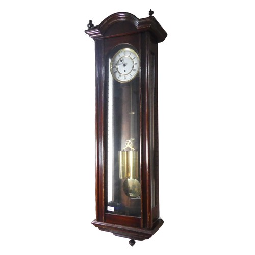 380 - A mahogany Vienna Regulator wall Clock, dial stamped 'made in Germany', W 38.5 cm x H 130 cm x D 21 ... 