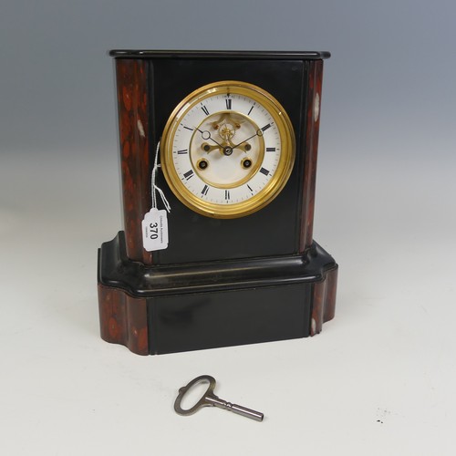 370 - A 19th century French 8-day mantle Clock, in slate case with marble relief, enamel dial with roman n... 