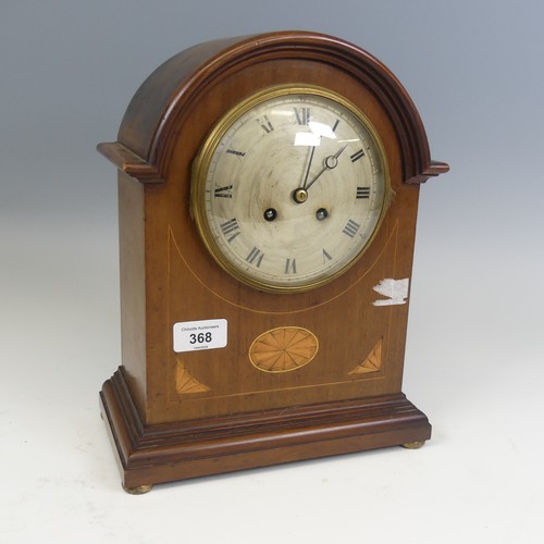 368 - A late 19th / early 20th century mahogany inlaid mantel Clock, with a stamped 'Japy Freres' movement... 