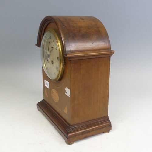 368 - A late 19th / early 20th century mahogany inlaid mantel Clock, with a stamped 'Japy Freres' movement... 