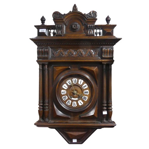 378 - A late 19th century French carved mahogany wall Clock, 8'' mahogany dial with roman numerals on cera... 