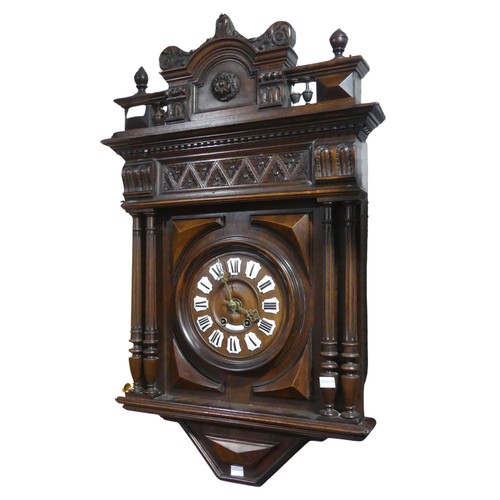 378 - A late 19th century French carved mahogany wall Clock, 8'' mahogany dial with roman numerals on cera... 