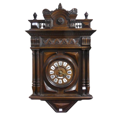 378 - A late 19th century French carved mahogany wall Clock, 8'' mahogany dial with roman numerals on cera... 