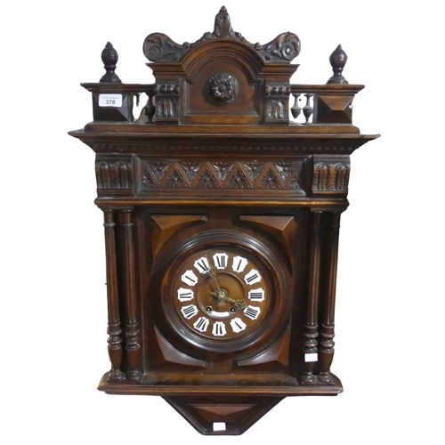 378 - A late 19th century French carved mahogany wall Clock, 8'' mahogany dial with roman numerals on cera... 