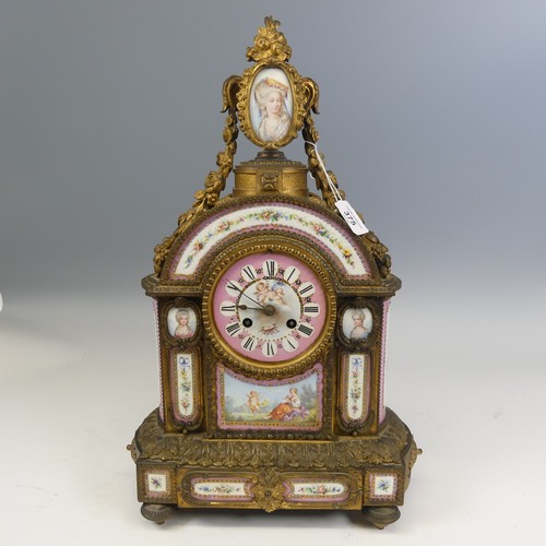 375 - A late 19th century French gilt metal and Sevres style porcelain inset mantel Clock, in the Louis XV... 