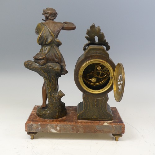 381 - A 19th century French bronzed and marble mantle Clock, dial signed 'E. Brasseur, Crozon', encased in... 