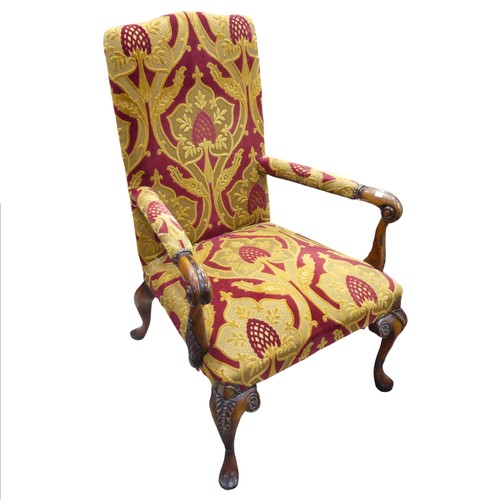 675 - A George III style stained open Armchair, with Art Nouveau inspired upholstery and scroll carved arm... 