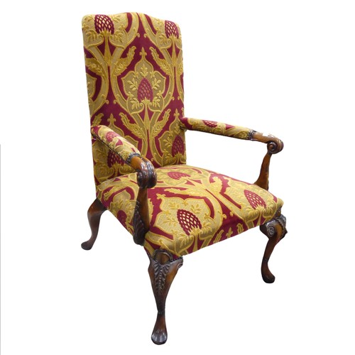 675 - A George III style stained open Armchair, with Art Nouveau inspired upholstery and scroll carved arm... 