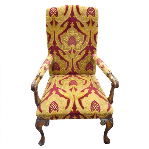 675 - A George III style stained open Armchair, with Art Nouveau inspired upholstery and scroll carved arm... 