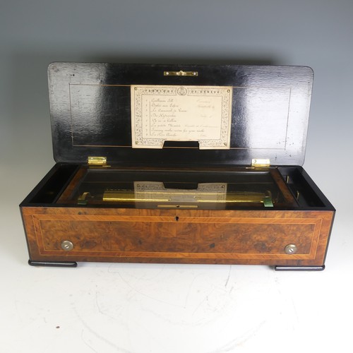 494 - A 19th century burr walnut Swiss cylinder Music Box, playing eight airs on 12 1/2'' brass cylinder, ... 