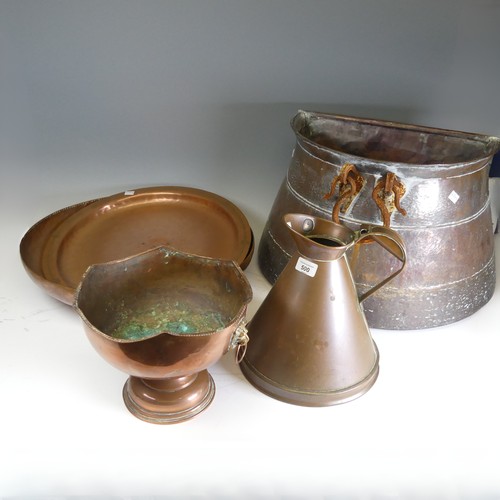 500 - A Dring & Fage copper '1 gallon' Jug, together with a copper wall coal scuttle, copper dish, cop... 