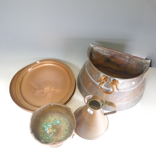 500 - A Dring & Fage copper '1 gallon' Jug, together with a copper wall coal scuttle, copper dish, cop... 