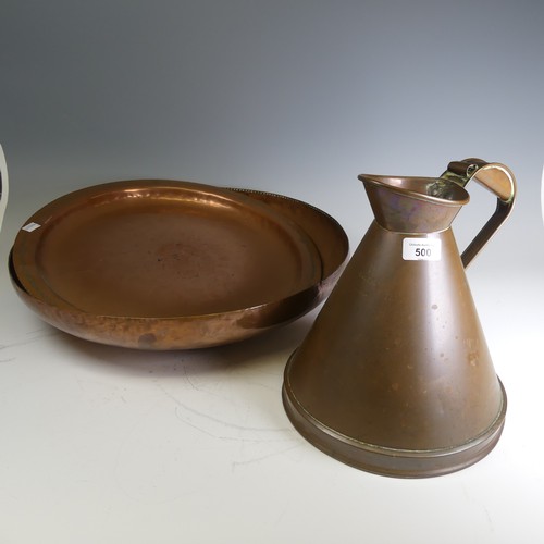 500 - A Dring & Fage copper '1 gallon' Jug, together with a copper wall coal scuttle, copper dish, cop... 