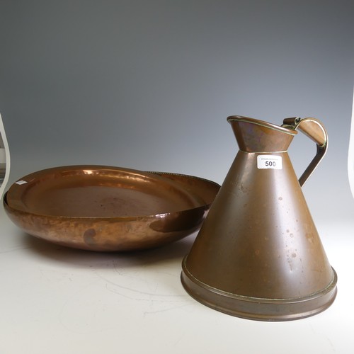 500 - A Dring & Fage copper '1 gallon' Jug, together with a copper wall coal scuttle, copper dish, cop... 