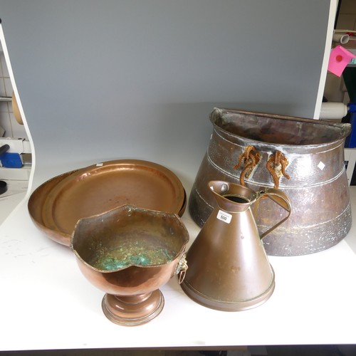 500 - A Dring & Fage copper '1 gallon' Jug, together with a copper wall coal scuttle, copper dish, cop... 