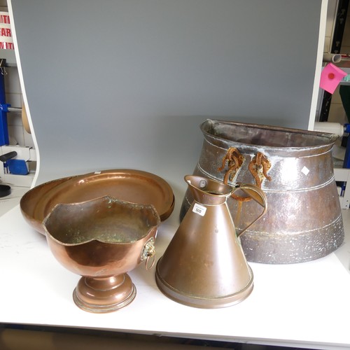 500 - A Dring & Fage copper '1 gallon' Jug, together with a copper wall coal scuttle, copper dish, cop... 