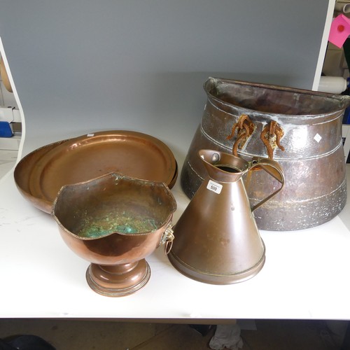 500 - A Dring & Fage copper '1 gallon' Jug, together with a copper wall coal scuttle, copper dish, cop... 