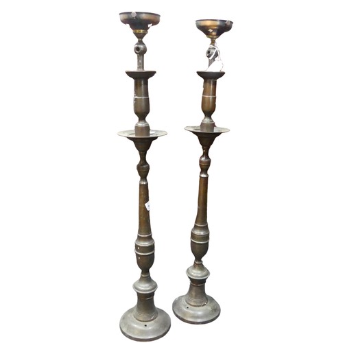 693 - A pair of antique copper newel post Lights, in the form of large candlesticks, electrified, H 76 cm(... 