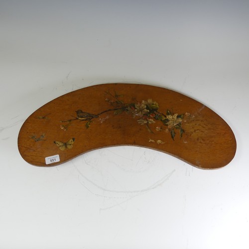 551 - An antique possibly late 19th century painted oak kidney Tray, decorated with a floral branch with b... 