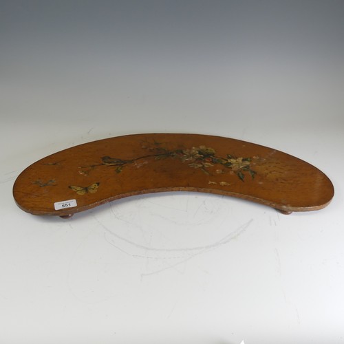 551 - An antique possibly late 19th century painted oak kidney Tray, decorated with a floral branch with b... 