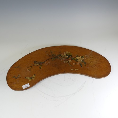 551 - An antique possibly late 19th century painted oak kidney Tray, decorated with a floral branch with b... 