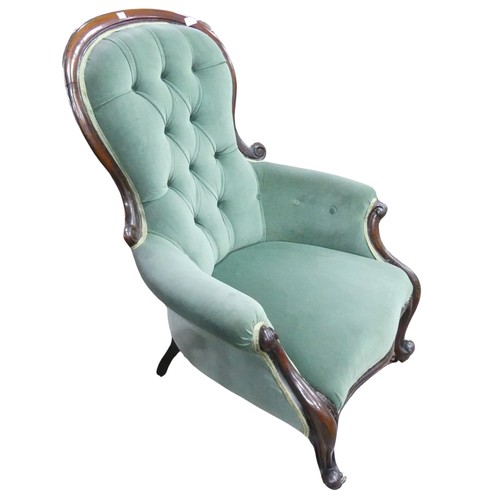 663 - A Victorian walnut framed upholstered Armchair, hoop button-back above scroll walnut arms and serpen... 