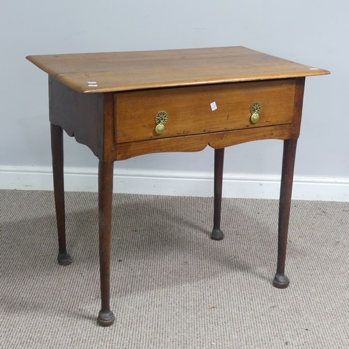 718 - An antique oak side Table, overhanging top above single frieze drawer, raised on pad feet, W 82 cm x... 