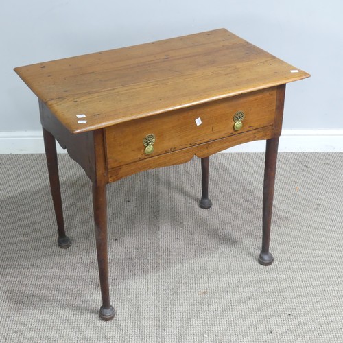 718 - An antique oak side Table, overhanging top above single frieze drawer, raised on pad feet, W 82 cm x... 