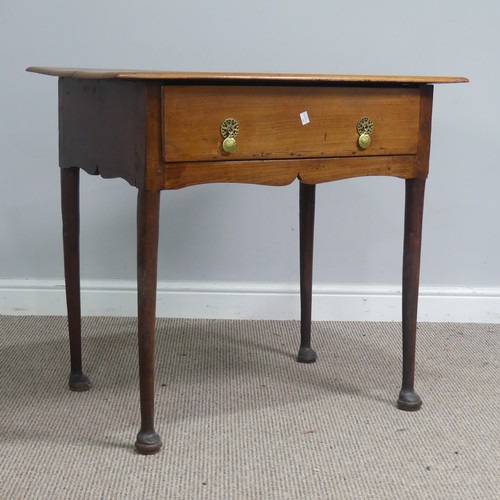 718 - An antique oak side Table, overhanging top above single frieze drawer, raised on pad feet, W 82 cm x... 