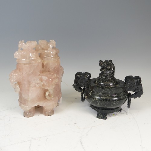 151 - A 19th century Chinese carved rose quartz double Vase, with cover, decorated with foo dogs and masks... 