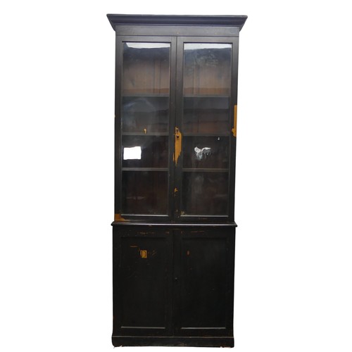 646 - A pair of antique probably late 19th century black stained oak and pine glazed Bookcases, moulded co... 