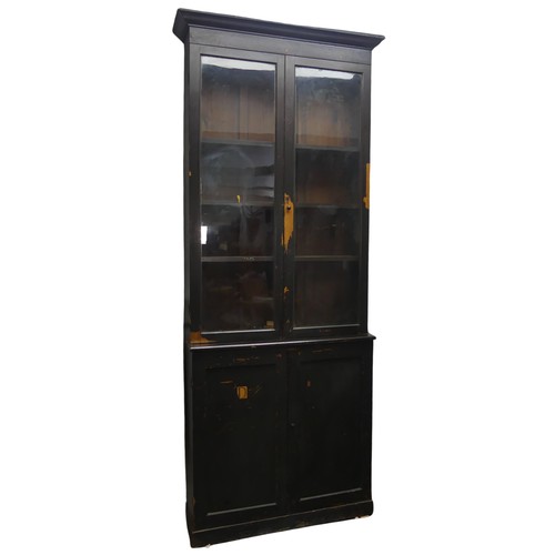 646 - A pair of antique probably late 19th century black stained oak and pine glazed Bookcases, moulded co... 