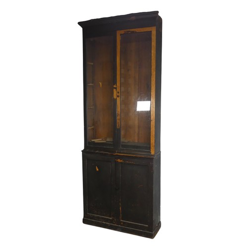 646 - A pair of antique probably late 19th century black stained oak and pine glazed Bookcases, moulded co... 