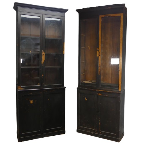 646 - A pair of antique probably late 19th century black stained oak and pine glazed Bookcases, moulded co... 