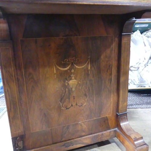 701 - An antique Davenport desk, with stylised floral and urn inlay, brass three quarter gallery to hinged... 