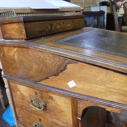 701 - An antique Davenport desk, with stylised floral and urn inlay, brass three quarter gallery to hinged... 